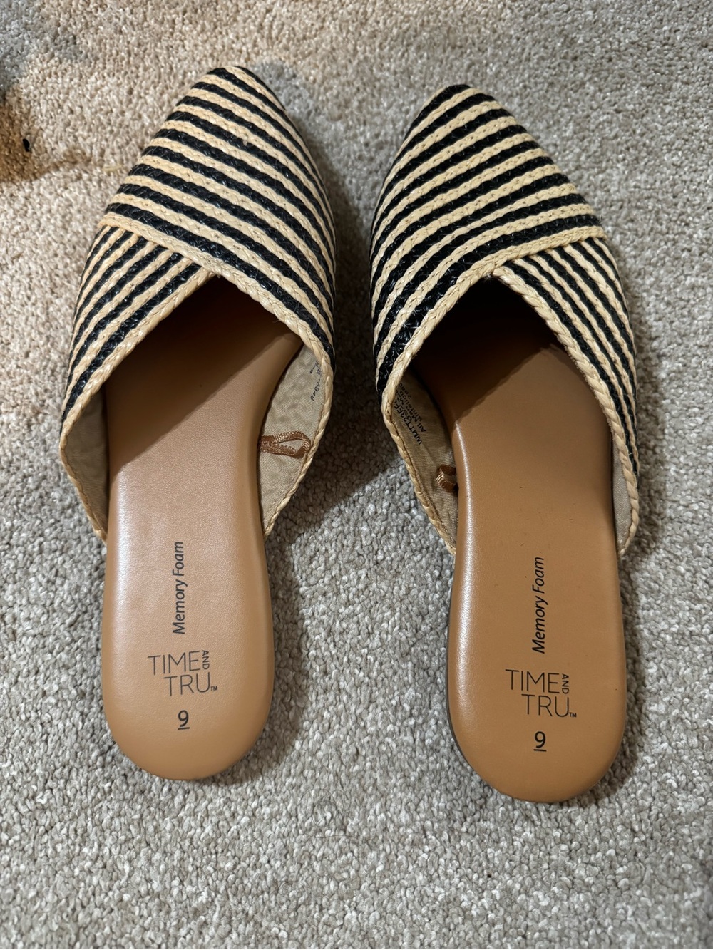 Time and Tru Black and Natural Striped Pointed Toe Slip-On Mules